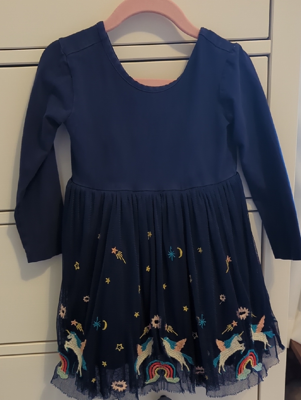 Hanna Andersson 3T Girls' Navy Unicorn Embroidered Tulle Dress